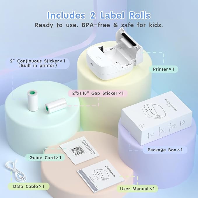 Gloryang JD-23 Sticker Printer, Mini Portable Thermal Printer Print Pod, Inkless Bluetooth Label Maker with Smart App for Phone & Tablet for Office & Home Use, 2 Rolls Sticker Paper, White