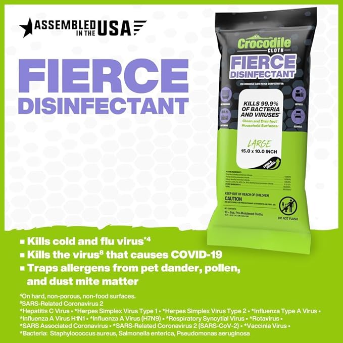 Crocodile Cloth Fierce Disinfectant Wipes - 480 Count (48 Packs of 10 Count) 15" x 10" Multi-Surface Disinfecting Cleaning Cloths For Kitchens, Bathrooms, Offices & Schools