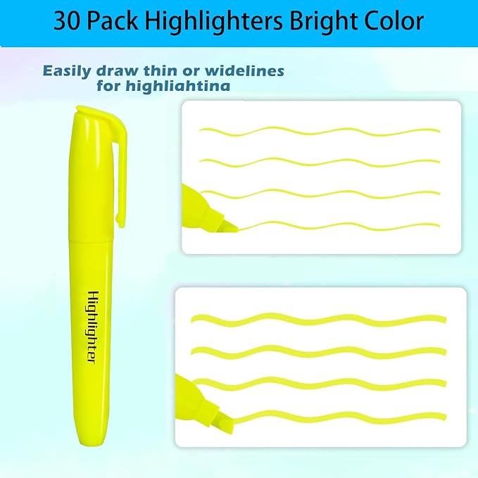 MGKO 30 Pack Bright Yellow Highlighters - No Bleed Formula,Soft Chisel Tip Markers Ideal for Office & School Use