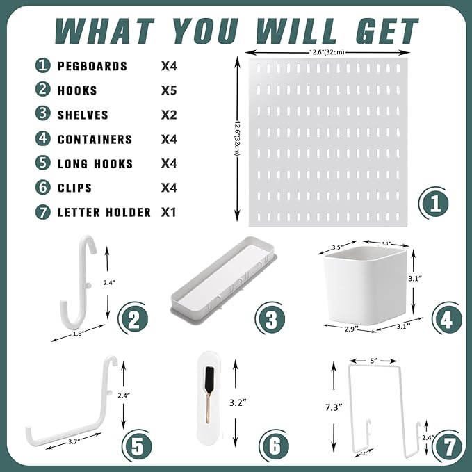 MULSAME Pegboard Combination Kit, 25.2" x 25.2" Wall Mounted Storage Set with 4 Pegboards & 20 Accessories Hanging, Peg Boards Organizer