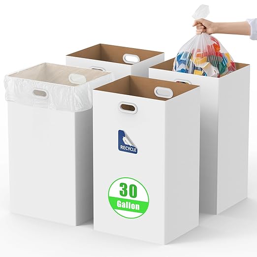 CINNIE&JHIN 30 Gallon Corrugated Cardboard Disposable Trash Cans with Built-in Handles, Heavy Duty 4 Pack Extra Large Portable Trash Can, Waterproof Layer Reusable Garbage Can, Recycling Bins