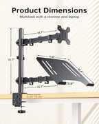 H&C(hcck&Cllassp) Monitor and Laptop Mount Stand for 13" to 32" Screens, Adjustable Monitor Arm Stand with Tray for 11-17” Laptop, Holds 18lbs/Arm, C-Clamp, 75x75/100x100 VESA
