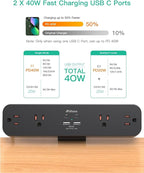 PD40W Desk Clamp Power Strip, Desktop Mount Surge Protector, Fast Charging Station, 5Ft Extension Cord Desk Mount Shelf with 4 Outlets 4 USB Ports (2 USB C), Home Office Accessories Essentials, Black