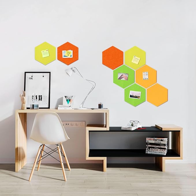 Uoisaiko 12" Large Bulletin Board with 30 Push Pins, Pack of 8 Hexagon Felt Pin Board Notice Boards for Home Office Kitchen, Felt Wall Tiles for Photos Memos (Green Yellow)