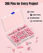 Uniclife 200 Pcs Thumb Tacks for Wall, Pink Push Pins for Bulletin Board & Cork Board, Decorative Push Pins, Cute Thumbtacks Hooks Set for Pictures, Photos, Art & Decor, 5 Styles