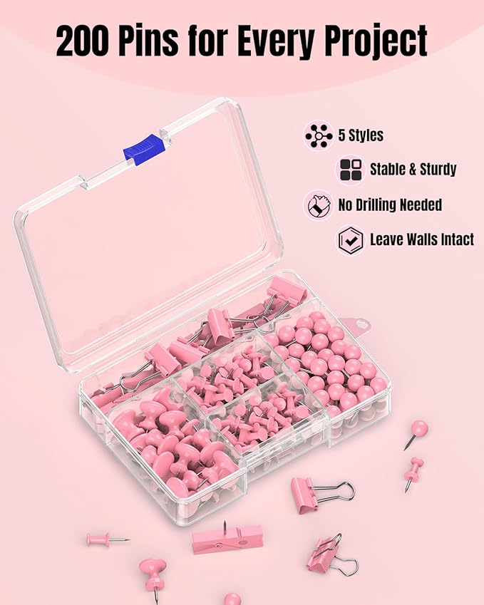 Uniclife 200 Pcs Thumb Tacks for Wall, Pink Push Pins for Bulletin Board & Cork Board, Decorative Push Pins, Cute Thumbtacks Hooks Set for Pictures, Photos, Art & Decor, 5 Styles