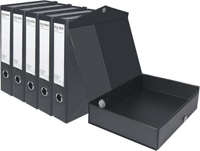 HUA JIE A4 Storage File Boxes Plastic Archives Cases, PVC File Folder Organizer Document Storage Filing Box for office,32.5×6.5×24 cm, Black(Pack of 6)