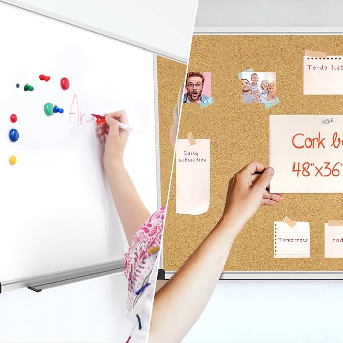 XBoard Magnetic Dry Erase Board & Cork Board 48 x 36 whiteboard, Combination White Board with Aluminum Frame