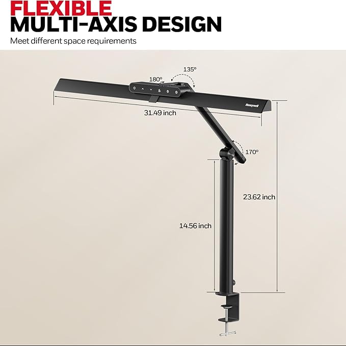 Honeywell LED Desk Lamp with Clamp - HJ1 Sunturalux Eye-Caring Clip on Lights for Home Office, 1200LM Clamp Lamp 4 Color Modes Stepless Dimming Task Desk Light for Working Black