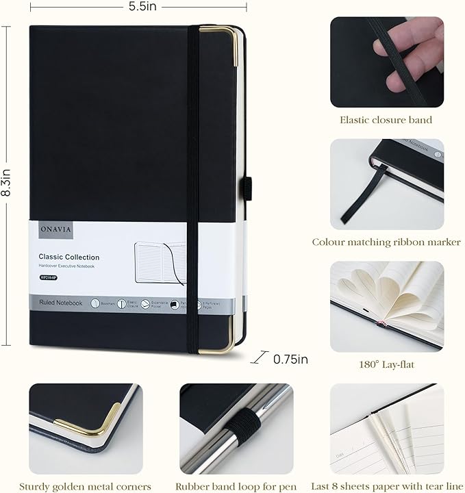 ONAVIA A5 Black Lined Journal Notebook - 100 GSM Thick Paper, 8 Pack Hardcover Journaling Notebooks for Writing, Work, Travel, College Ruled Journals for Women & Men, PU Leather Note Books, 5.5”x8.3”