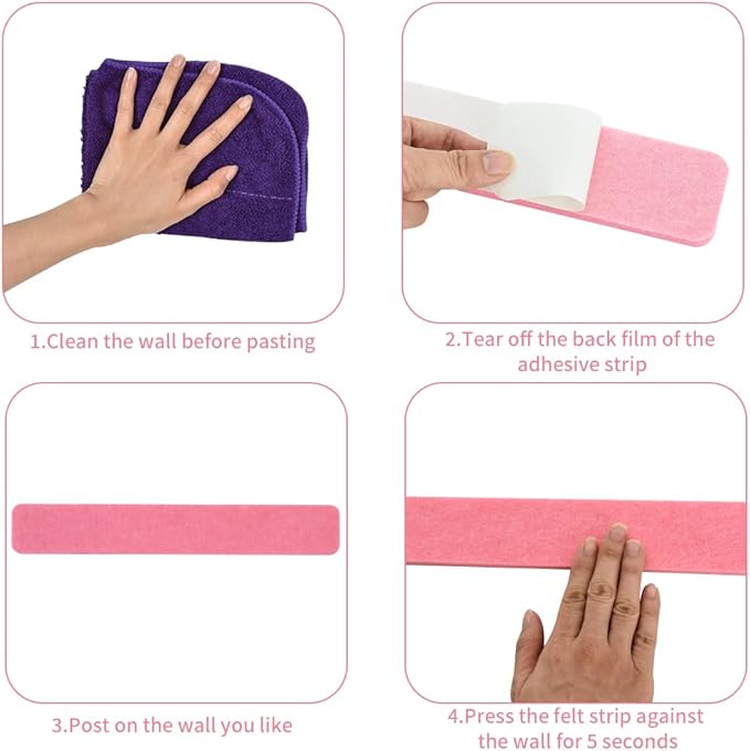 Vuzvuv 8 pcs Bulletin Board Bar Strips with 50 Pushpins & 10 Wooden Clip pins，Self Adhesive Cork Board for Wall，Felt Pin Board for School，Office Decor(Pink)