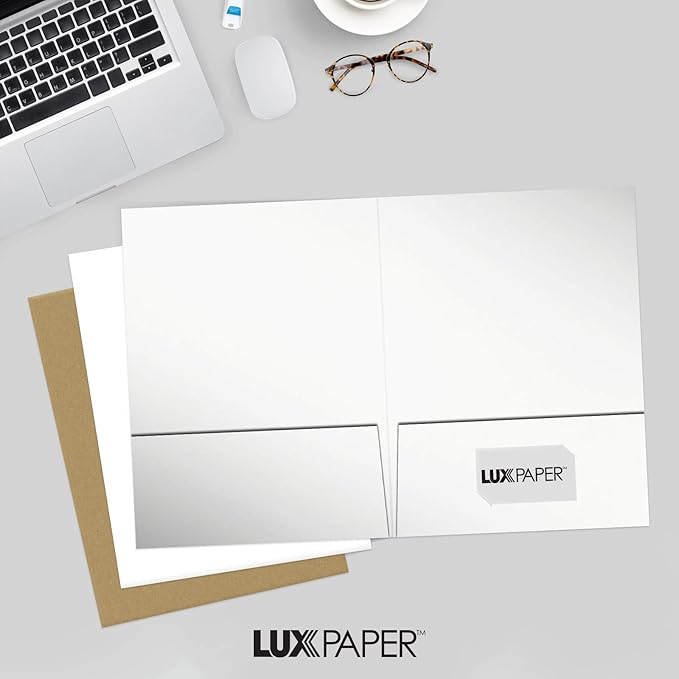 LUXPaper 9" x 12" Presentation Folders | Two Pocket | White Gloss | 14pt. Cover | 25 Qty