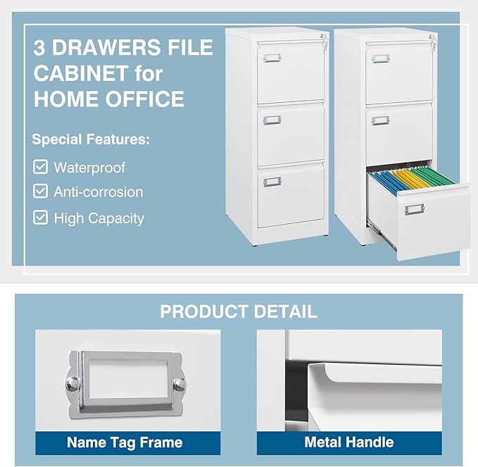 PEUKC 3-Drawer File Cabinet with Lock, 16.3" Deep Vertical Filing Cabinets, Metal File Cabinets for Home Office, Anti-Tip 3 Storage Drawers for Letter/Legal/A4/F4 Size (Assemble Required, White)