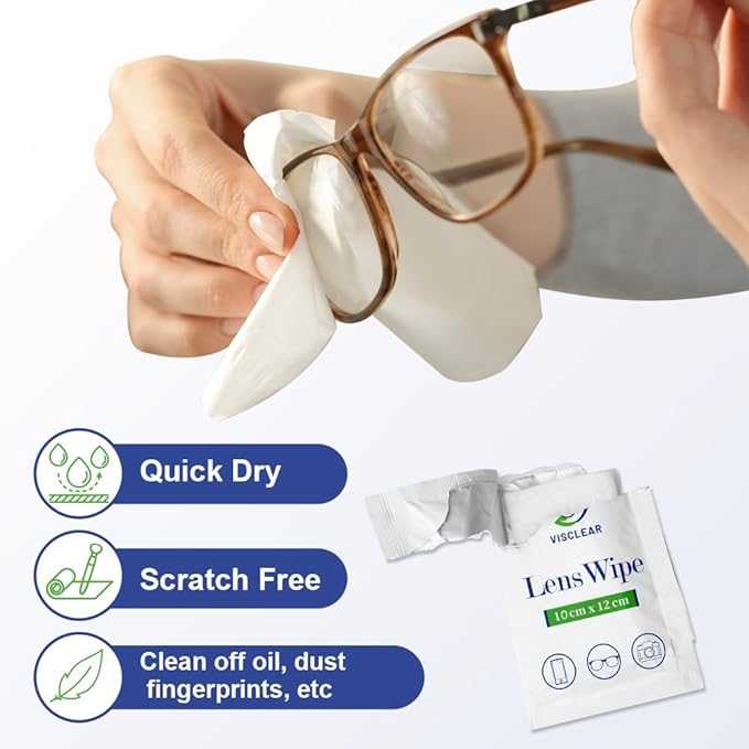 VisClear Lens Wipes for Eyeglasses, 200 Counts, Extra Moist Individually Wrapped Eyeglass Cleaner Wipes, Safe from Scratches and Streak, Glass Wipes for Eyeglasses, Camera Lens & Electronic Screens