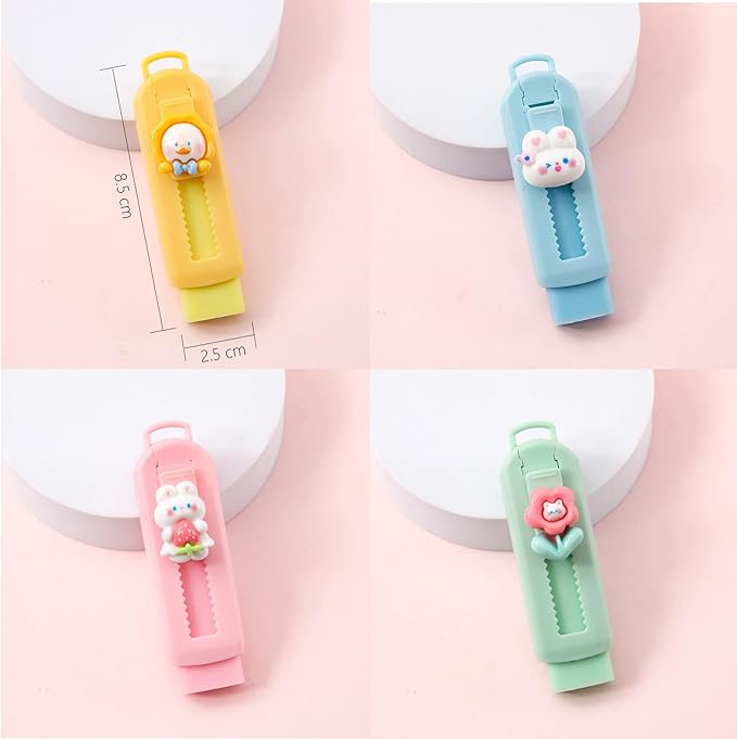 BetterJonny Sliding Retractable Eraser, 4 Color Push Pull Erasers and 8 Refills, Animal Erasers for Pencils Drawing(C)