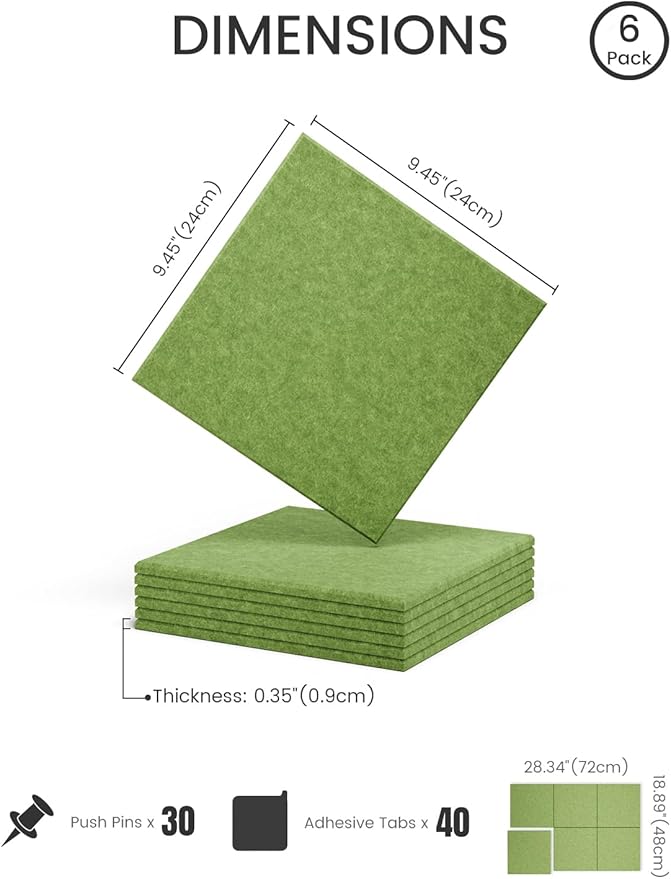 Felt Bulletin Board Tiles -28"x18" Cork Board Alternative for Office Decor, Push Pin Board Wall Organizer 6-Pack - Kelly Green