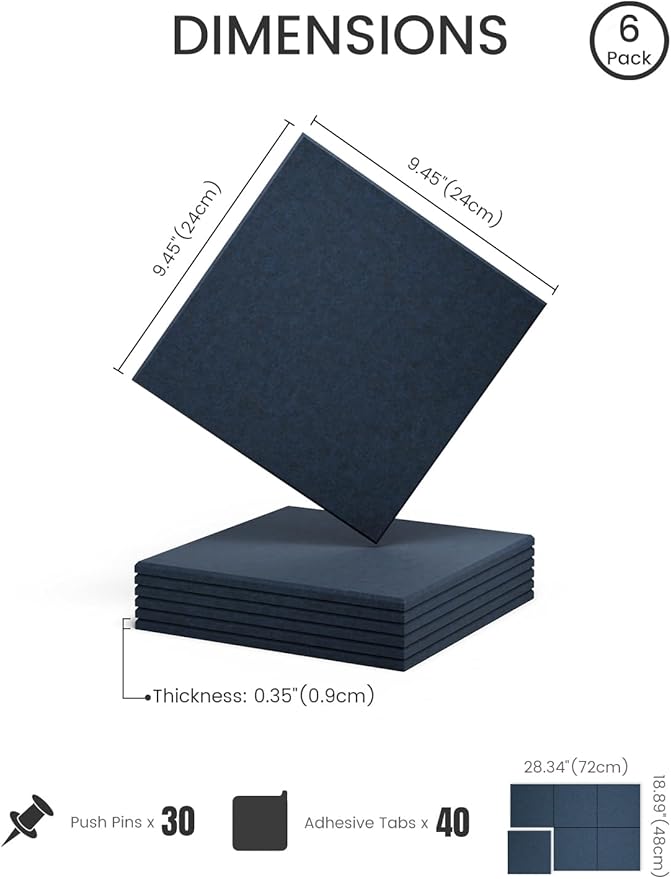 Fluxynara Felt Bulletin Board Tiles -28"x18" Cork Board Alternative for Office Decor, Push Pin Board Wall Organizer 6-Pack - Navy Blue