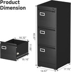 Lockable Vertical Metal File Cabinet 3 Drawer, Steel Filing Cabinet for Home Office Organization, High Capacity Storage for Letter/Legal/A4 Size, Black Office Cabinet, 17.7" D x 14.6" W x 40.9" H