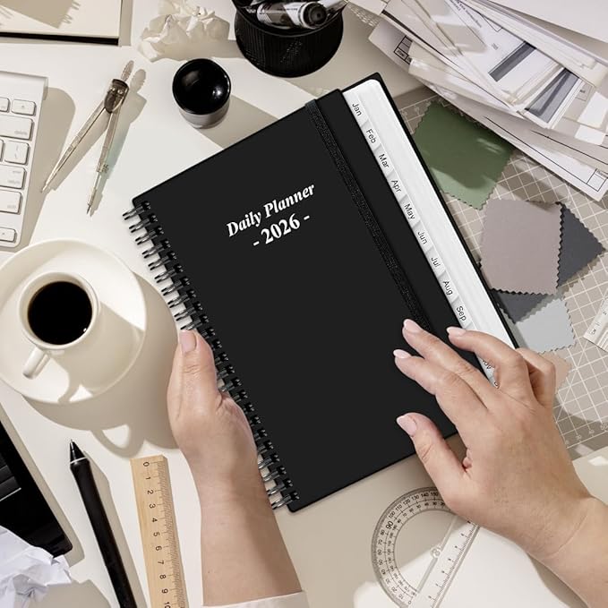 Daily Planner 2026 Full Page Per Day- 2026 Daily & Monthly Planner from January 2026 to December 2026, Day Planner 2026 with 12 Months Tabs, 6.4" x 8,5", Black