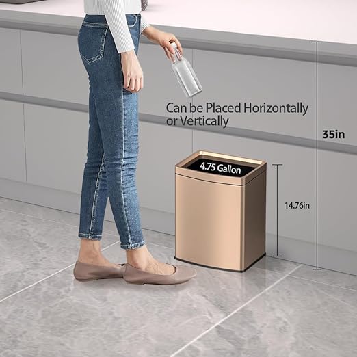 YOJIA 4.7 Gallon/18L Brushed Gold Bathroom Trash Can, Open Top Slim Dual Wastebaskte Simple Human Stainless Steel Garbage Can for Commercial Home Kitchen Office (18L Champagne Gold)