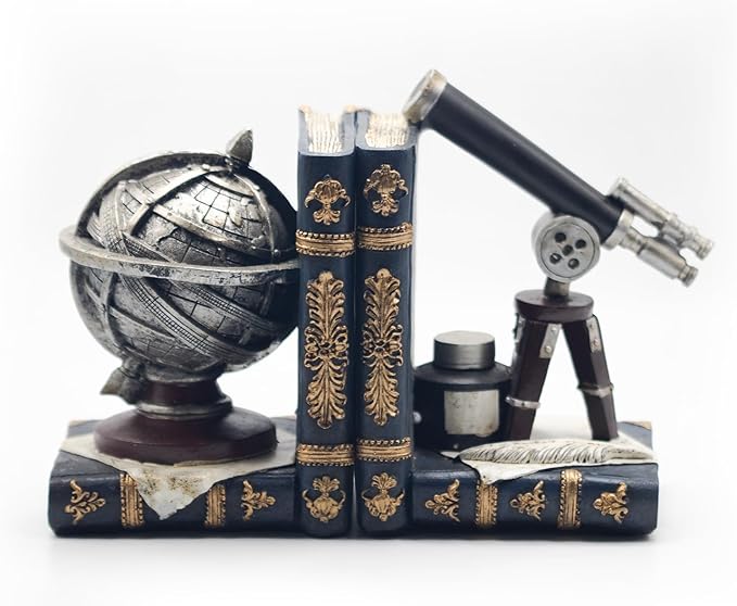 AUSTUFF Vintage Decorative Bookends, Armillary Sphere and Space Telescope Decorative Bookends, Vintage Decorative Unique Bookends for Home Office Schools