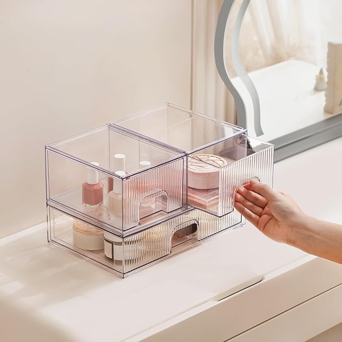 Vorey Clear Stackable Desk Storage Drawers, 3 Pack Acrylic Bathroom Makeup Organizers, Easily Assemble All Purpose Plastic Bins for Brightroom, Pantry Organization, Vanity, Undersink, Cabinet
