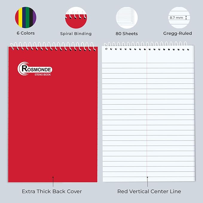 Rosmonde Steno Pads Spiral 6x9 24 Pack, Gregg Ruled Steno Pad, Assorted Colors, 80 Sheets (160 Pages), Bulk B2B Value Pack, Long Lasting, Bulk Steno Notebooks Top Spiral Steno Book for Office & Home