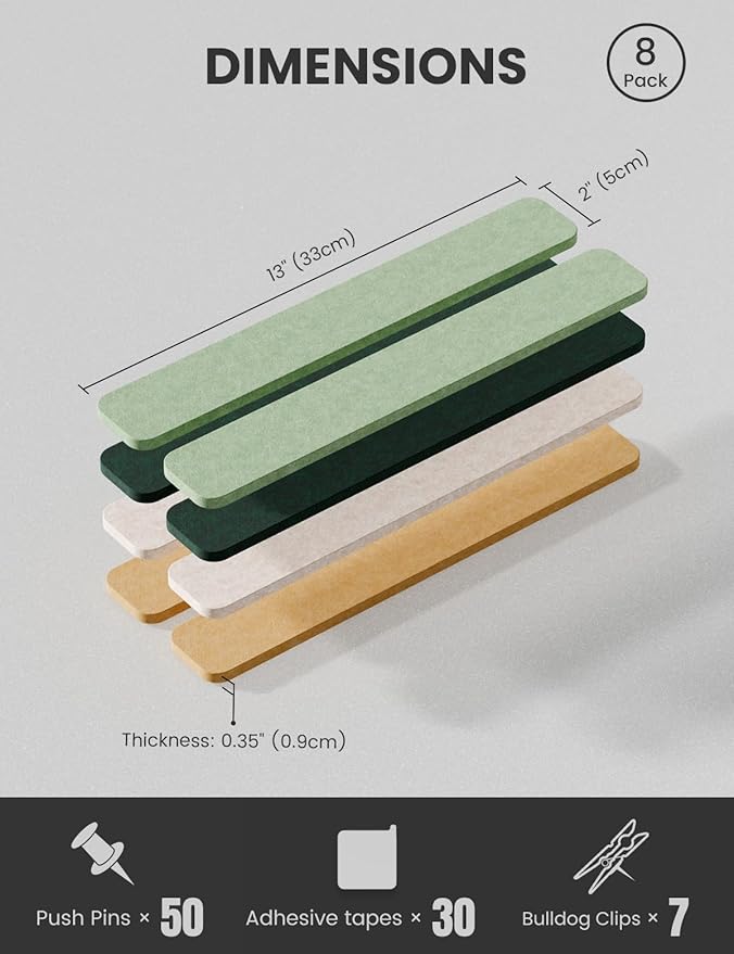 Cork Board Alternative Felt Strip Board 8-Pack 13"x2", Office Pin Board with 50 Push Pins, Adhesive Install for Bedroom Door & Home Office(Moss Glimmer)