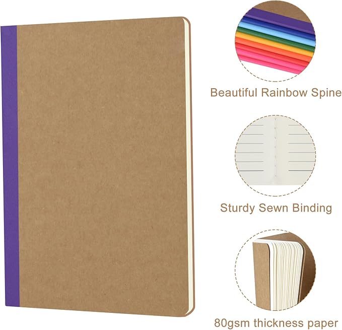 ZCZN 100 Pack Composition Notebooks Bulk, A5 Kraft Cover Lined Journals with Rainbow Spines for School, Business, Work and Daliy Use (100, 10 colors)