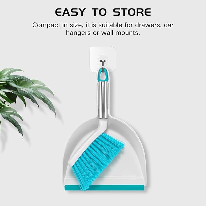 NACENA Mini Broom and Dustpan Set, Small Dust Pan and Brush Set with Handle Dustpan Teeth for Cleaning Hair Suitable for Office Desks Drawers Sofa Outdoor Camping, Light & Blue