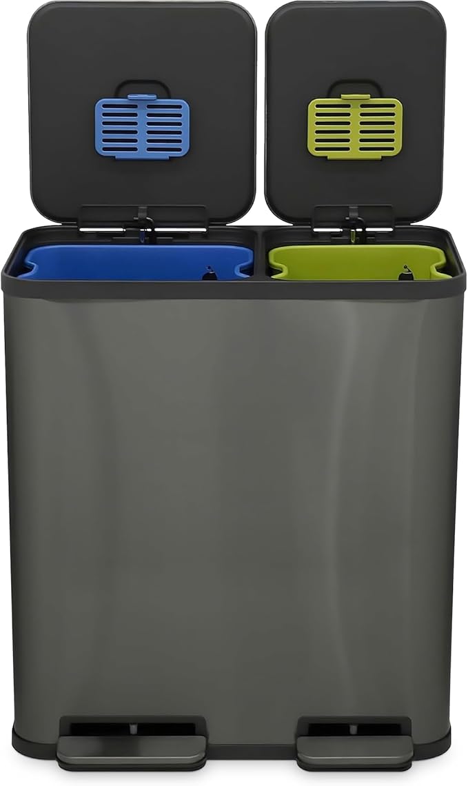 70 Liter / 18.5 Gallon Rectangular Hands-Free Dual Compartment Recycling Kitchen Step Trash Can with Soft-Close Single Lid, Stainless Steel (40L x 30L Capacity) Elegant Black Finish