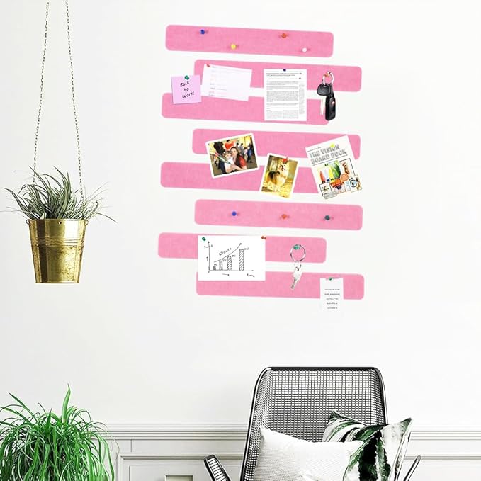 Vuzvuv 8 pcs Bulletin Board Bar Strips with 50 Pushpins & 10 Wooden Clip pins，Self Adhesive Cork Board for Wall，Felt Pin Board for School，Office Decor(Pink)