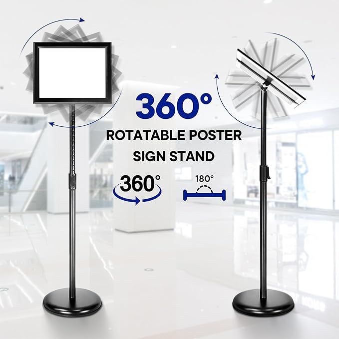 SENZHIYI Adjustable Poster Stand Holder 11x17 Inch, 360 Degree Rotation, Heavy Duty Snap Open Aluminum Pedestal Floor Standing Sign Holder Vertical and Horizontal View Sign Displayed (2PACK)