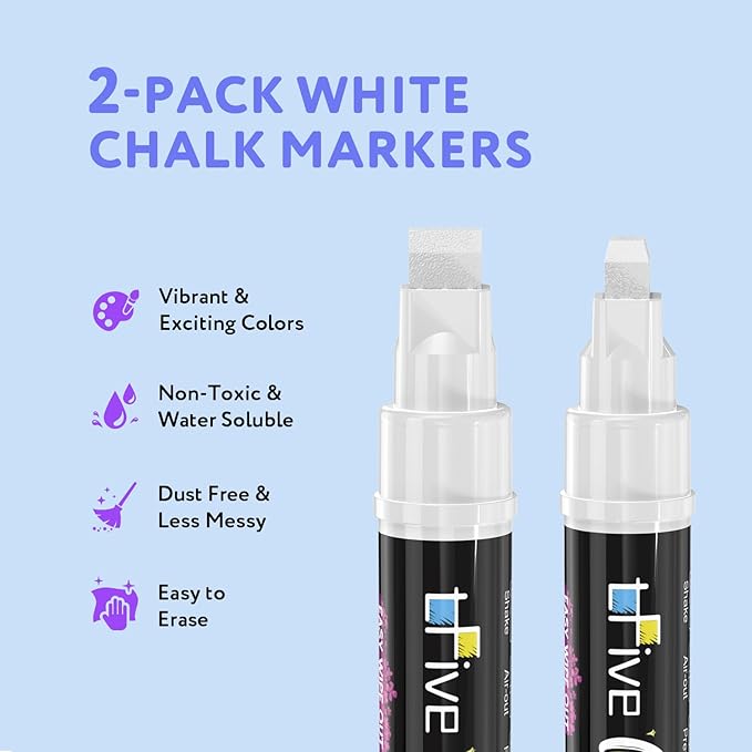 TFIVE White Liquid Chalk Markers - 2 Pack Jumbo Chalk Pens with 10mm 3 in 1 Nib Wide Tips, Dry & Wet Erase Marker Pens for Glass, Chalkboard, BlackBoard, Windows, Calendar, Pumpkin, Mirror