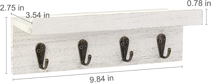 HRONRAD Rustic Key Holder for Wall, Farmhouse Wall Shelf with 4 Hooks, Wall Mounted Key Racks, Wooden Mail Organizer with Hooks for Entryway (White)