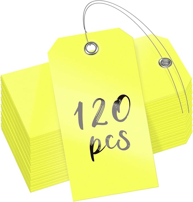 Uniclife 120 Pcs Yellow Plastic Tags for Labeling 4.7"x 2.36" Plastic Shipping Tag with Wire Writable Waterproof Tag Price Tags with Reinforced Eyelet Blank Hang Label for Luggage