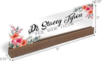 Artblox Personalized Office Desk Name Plate and Business Card Holder | Clear Acrylic Glass with Teak Wood Stand | Mixed Flowers Design Customized with Your Name and Credentials Office Desk Decor