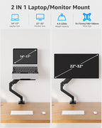 MOUNTUP Laptop Stand for Desk, 2-in-1 Monitor Mount with Laptop Tray Holds 2.2-22lbs, Adjustable Laptops Arm Mount for Max 17" Notebook & 32" Monitor, Laptops Desk Arm with Clamp/Grommet