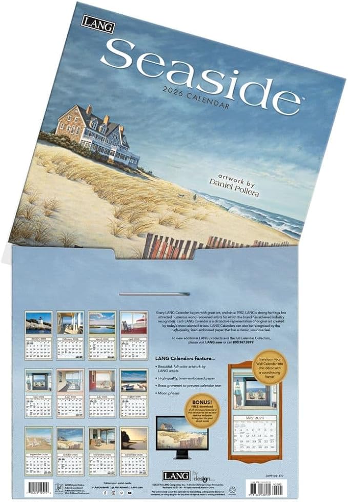 Lang Seaside 2026 Wall Calendar – 12-Month Calendar with Stapled Binding, Linen-Embossed Coastal Artwork by Daniel Pollera, 13.4" × 12"