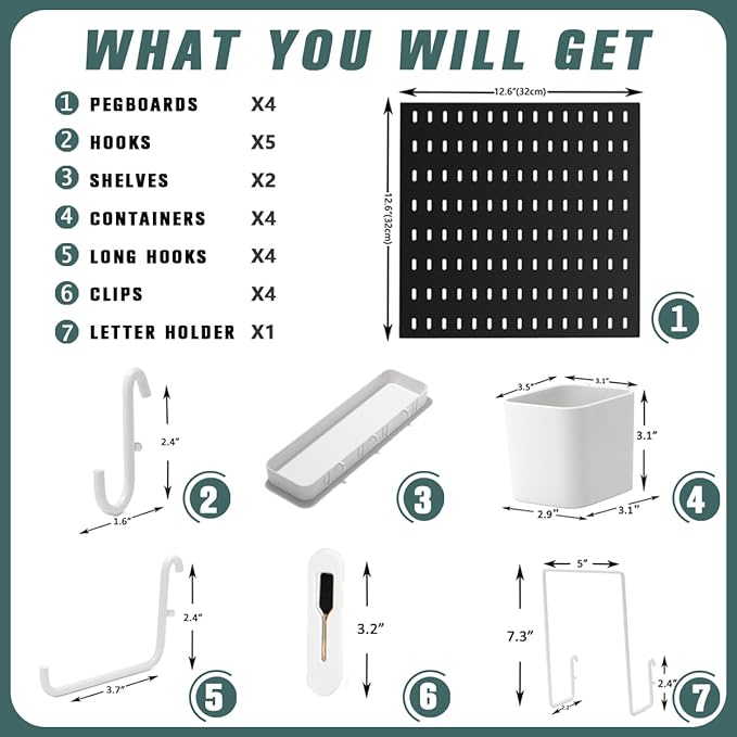 MULSAME Pegboard Combination Kit, 25.2" x 25.2" Wall Mounted Storage Set with 4 Pegboards & 20 Accessories Hanging, Peg Boards Organizer