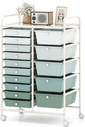 HAPPYGRILL 15-Drawer Rolling Cart, Storage Carts with Removable Drawers & Steel Frame, Utility Cart on Lockable Wheels for Home, School, Office, Macaroon, Gradient Green