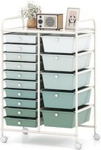 HAPPYGRILL 15-Drawer Rolling Cart, Storage Carts with Removable Drawers & Steel Frame, Utility Cart on Lockable Wheels for Home, School, Office, Macaroon, Gradient Green