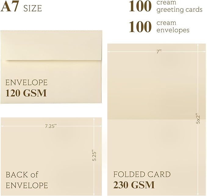 Goefun Cream Blank Cards and Envelopes, 5x7 Folded Ivory Cardstock and A7 Envelopes Self Seal 100 Pack for Wedding, Invitations, DIY Greeting Cardstock, Thank You Cards & All Occasion