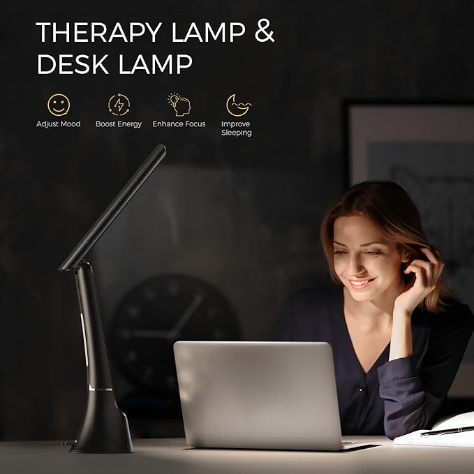 COTLIKE Light Therapy Lamp, 10000 LUX UV-Free LED Sunlight Light, Full Spectrum Mood Light, Touch Control Desk Lamp with Night Light Function Work Office Home -Black