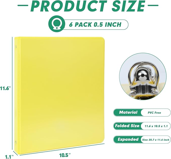 3 Ring Binder 0.5 Inch, PANDRI 6 Pack 1/2-Inch Binder Fits Letter Size 8.5'' x 11'' Paper, Versatile Binders for Office Home School, 2 Pockets, Assorted 6 Color