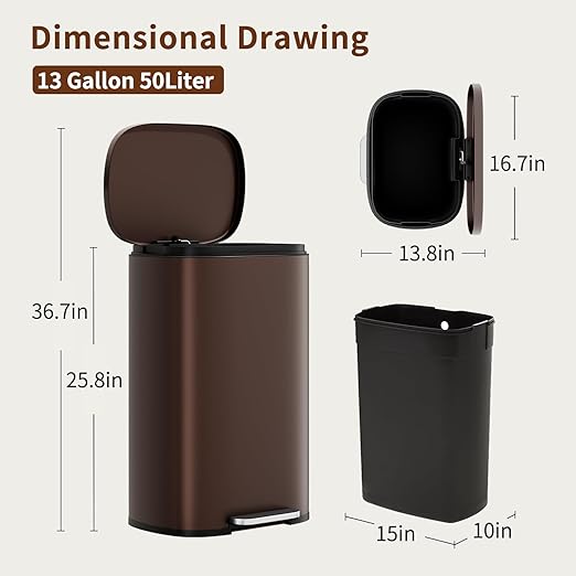 PayLessHere Stainless Steel Trash Can with Lid - Removable Inner Bucket, Foot Pedal Soft Close for Office, Home, Kitchen Garbage Bin (Brown, 13 G)