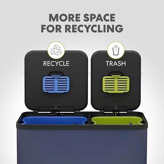 70 Liter / 18.5 Gallon Rectangular Hands-Free Dual Compartment Recycling Kitchen Step Trash Can with Soft-Close Single Lid, Stainless Steel (40L x 30L Capacity), Blue