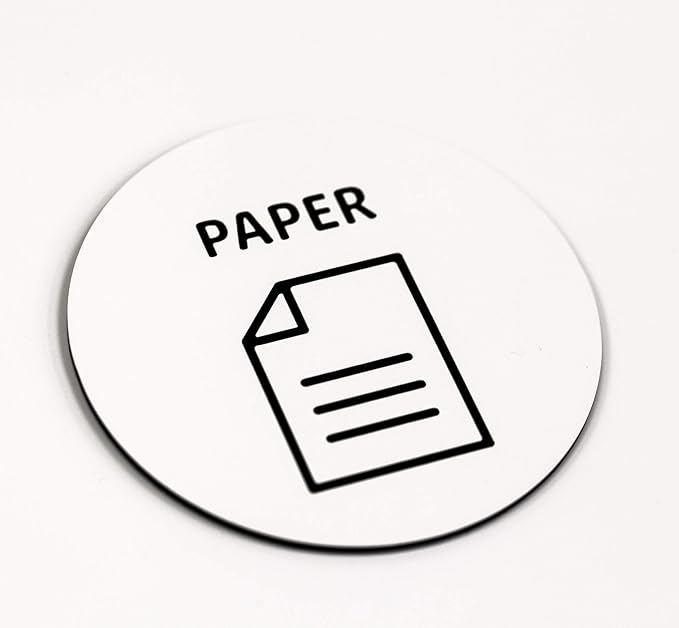 Round 3” Paper Recycling Sign | White Acrylic Sign - Laser Engraved Black Text & Paper Symbol | Signs for Recycling & Document Bin | Office & Home Waste Management