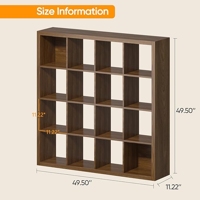 Bookshelf with Storage Bins, 16-Cube Storage Organizer Sturdy Wooden Cube Bookcase Horizontal Bookshelf with Storage, Furniture for Living Room Bedroom Office, Classic Oak