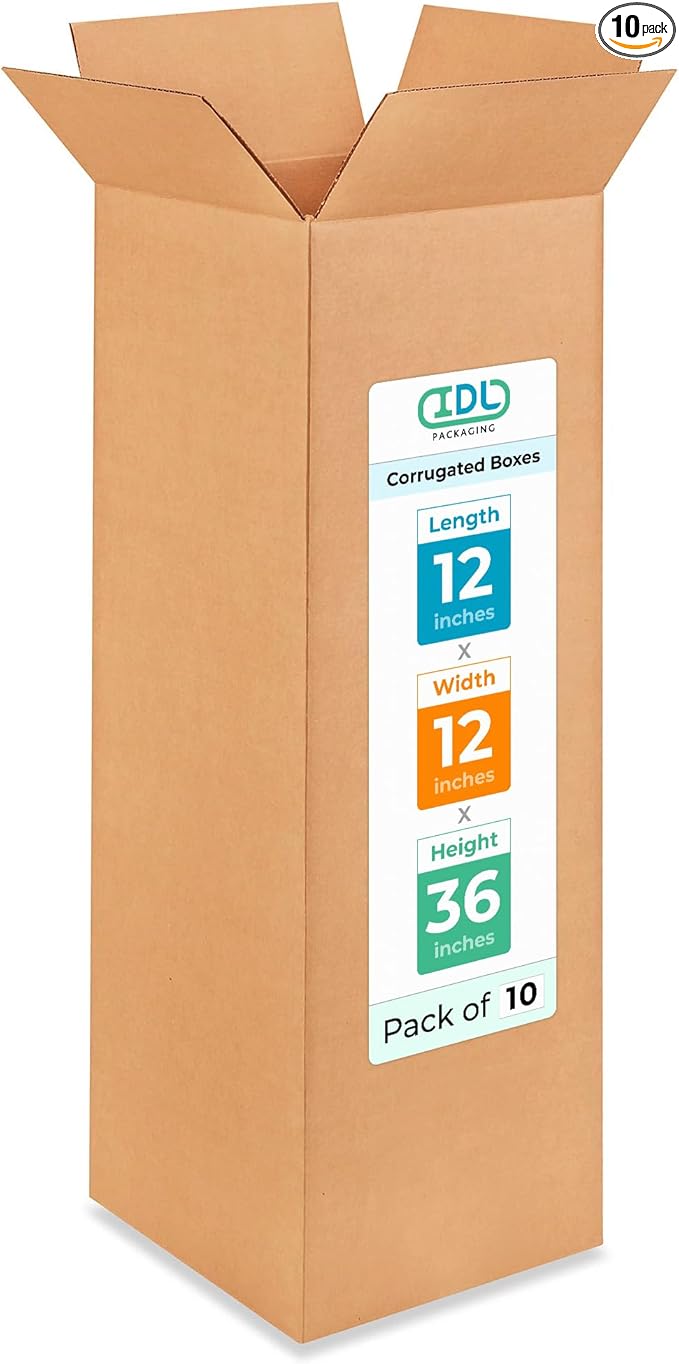 Tall Moving & Shipping Boxes 12x12x36 inches (10-Pack) - Extra Strength 200 lb vs Regular - Corrugated Boxes for Packaging Moving - Box for Shipping - Corrugated Shipping Box by IDL Packaging